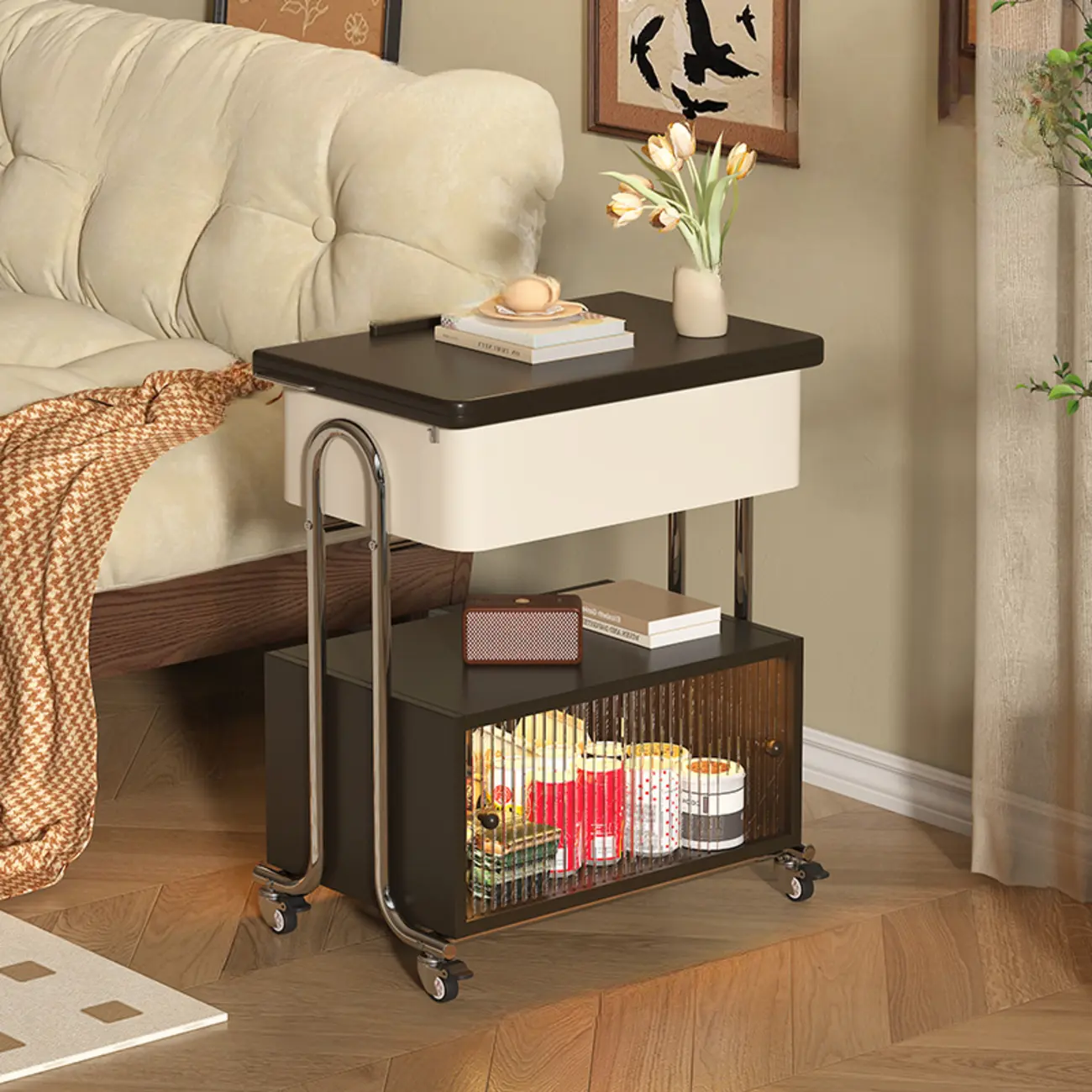 Modern Foldable Top Wheeled Side Table with Hidden Storage Image - 6 | homeyfad