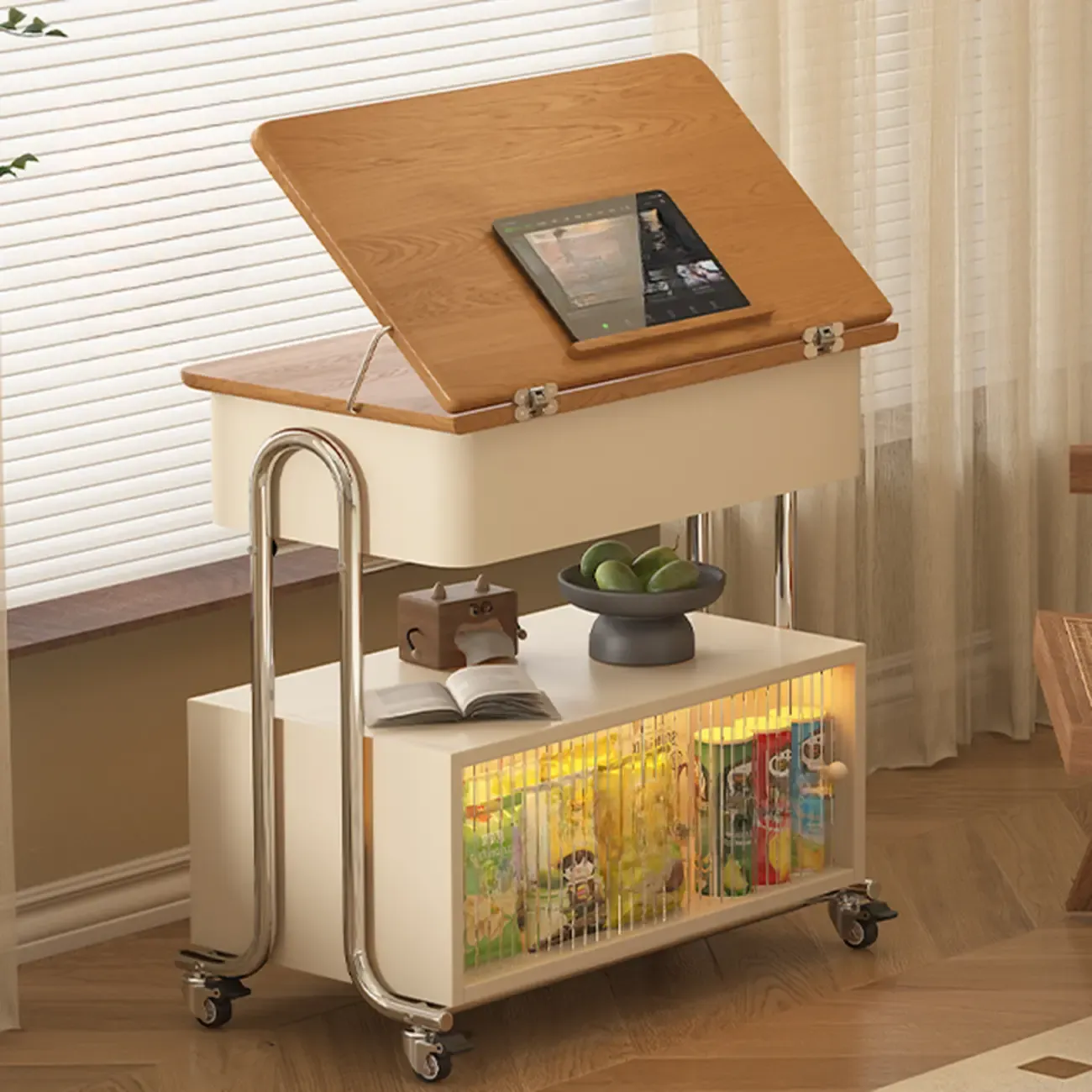 Modern Foldable Top Wheeled Side Table with Hidden Storage Image - 3