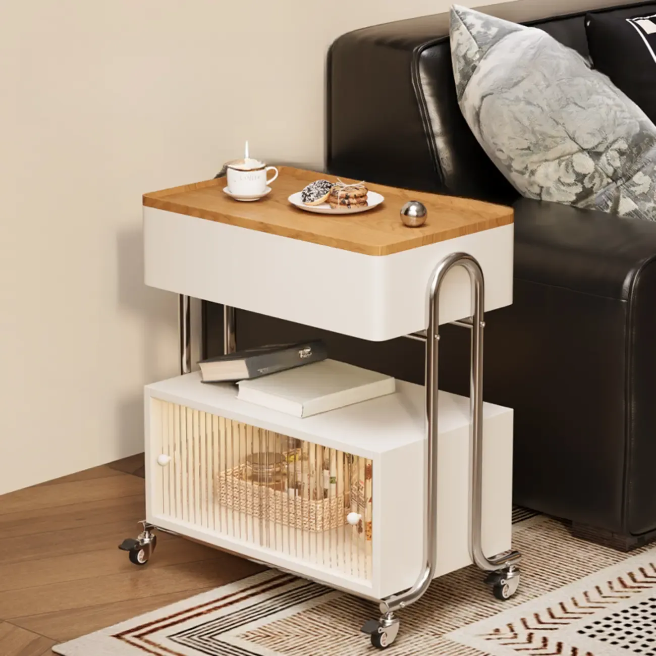 Mobile Folding Wooden Tabletop Side Table with Storage | HomeyFad