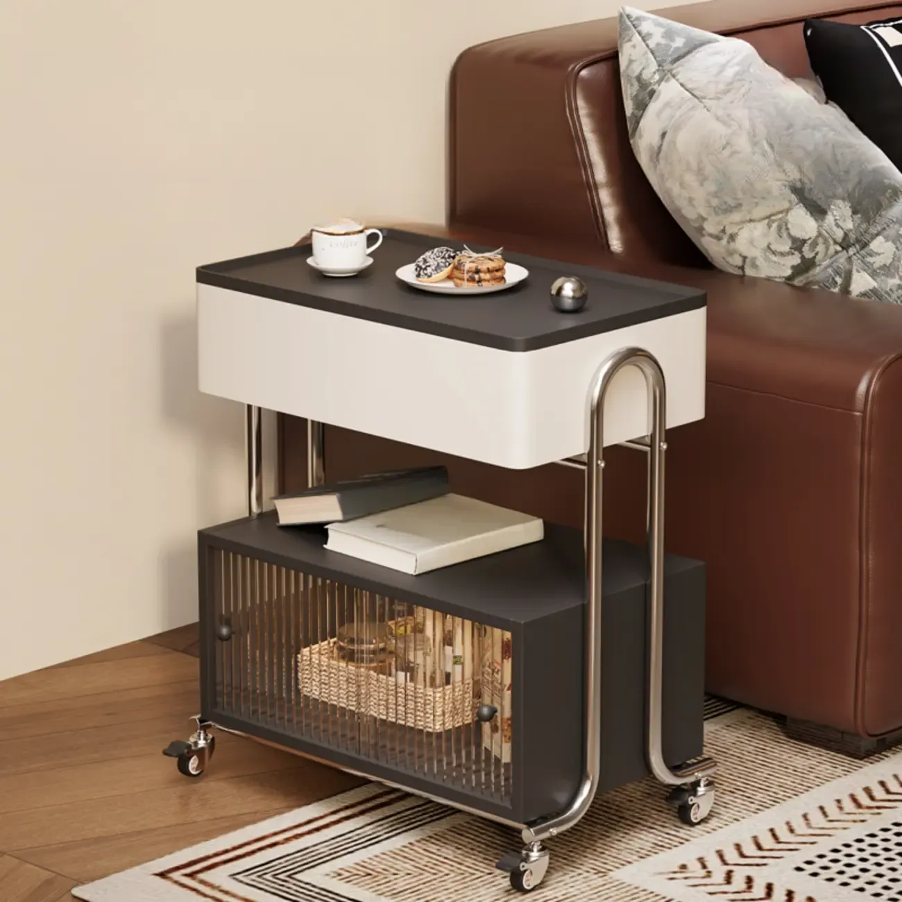 Modern Foldable Top Wheeled Side Table with Hidden Storage Image - 11
