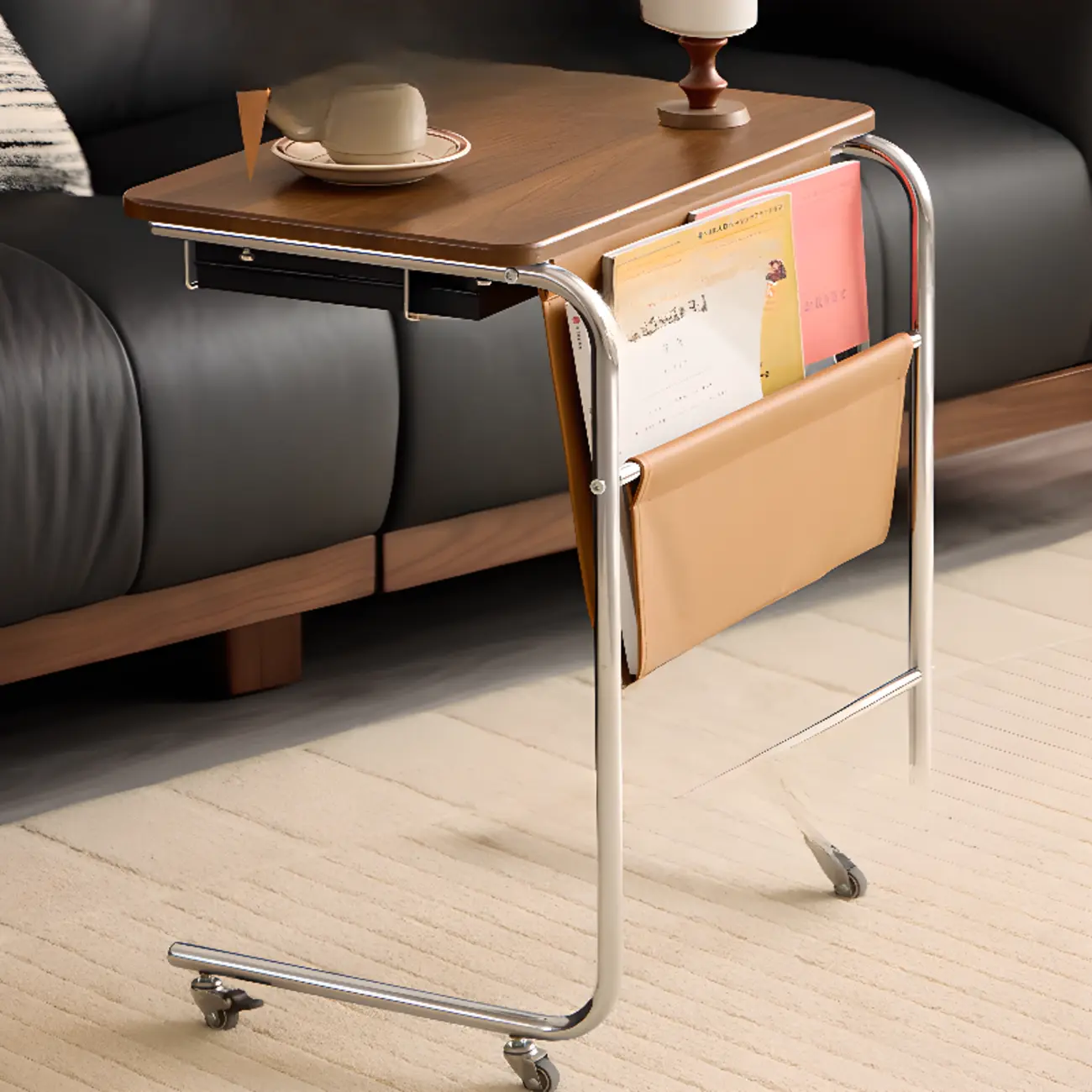 Wheeled Minimalist Wood Top Metal C-shaped Side Table Image - 1 | homeyfad