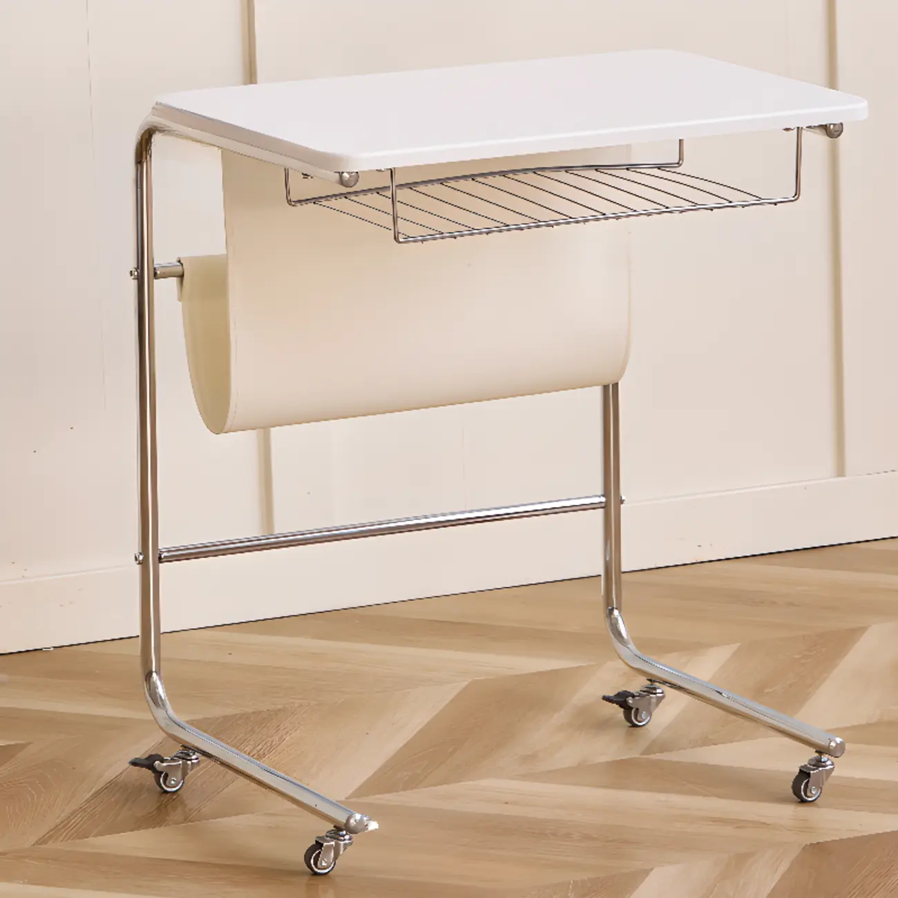 Wheeled Minimalist Wood Top Metal C-shaped Side Table Image - 3 | homeyfad