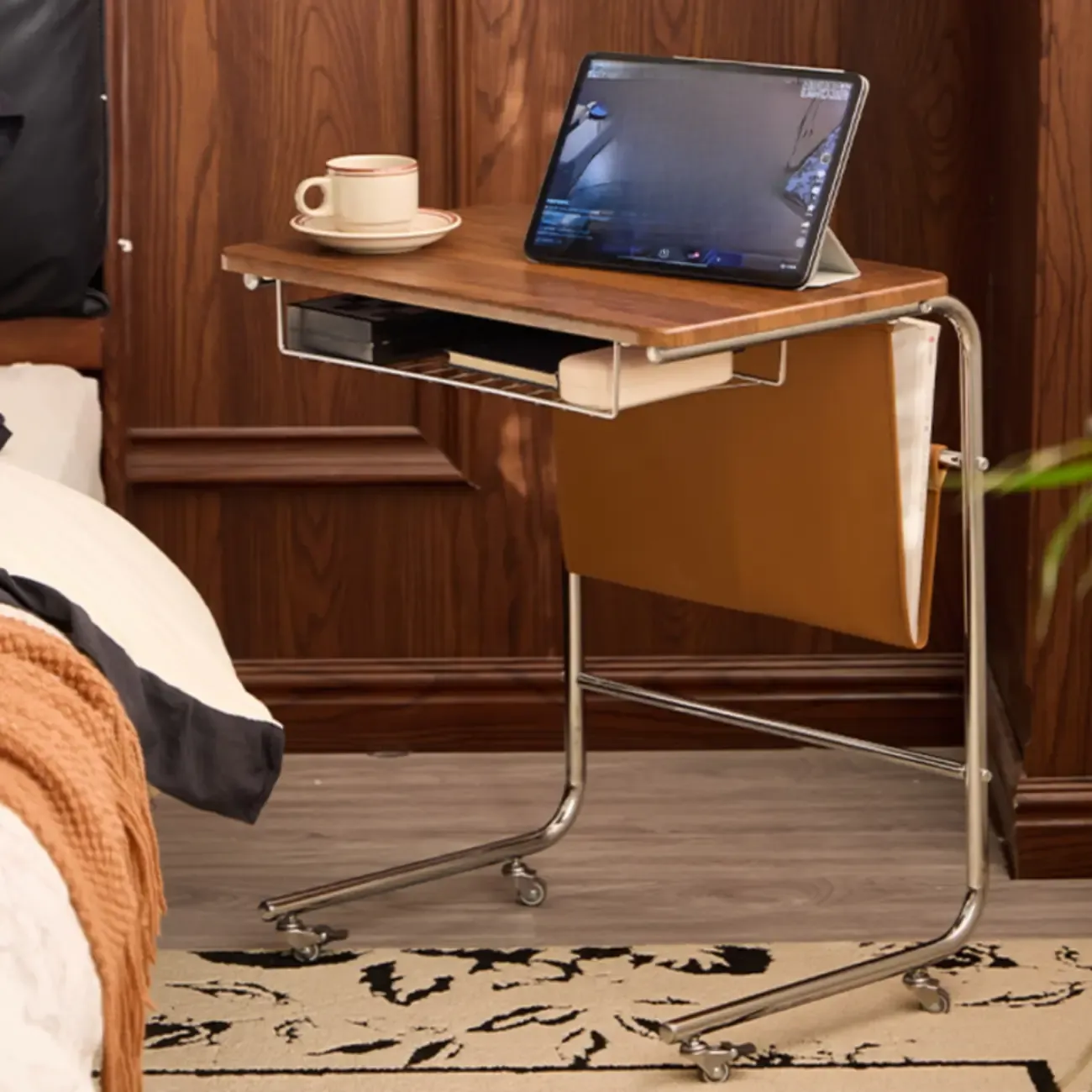 Wheeled Minimalist Wood Top Metal C-shaped Side Table Image - 4