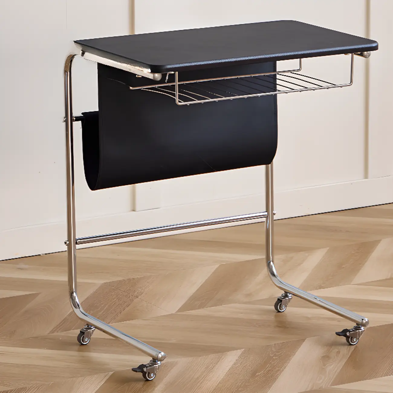 Wheeled Minimalist Wood Top Metal C-shaped Side Table Image - 5 | homeyfad