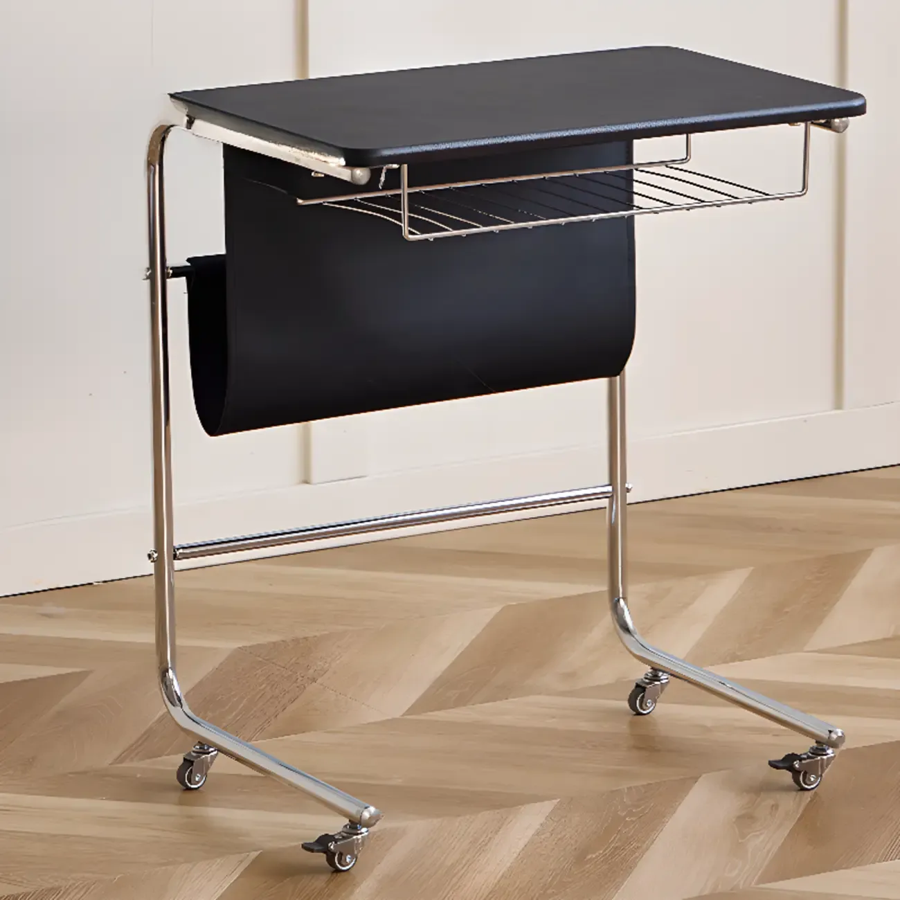 Wheeled Minimalist Wood Top Metal C-shaped Side Table Image - 5