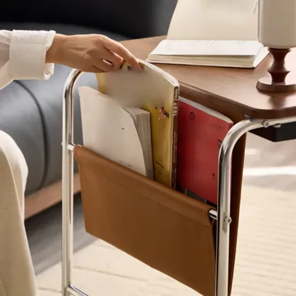 Wheeled Minimalist Wood Top Metal C-shaped Side Table Image - 6