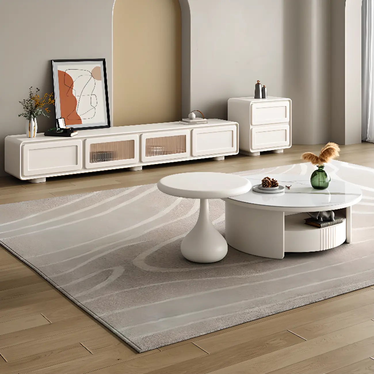 Chalk Modern Wood Long TV Stand with Storage Image - 2 | homeyfad