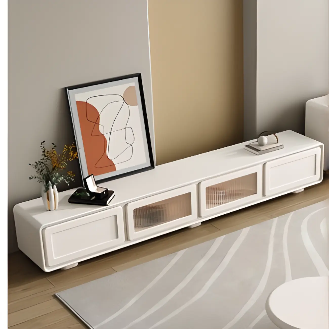 Chalk Modern Wood Long TV Stand with Storage Image - 1 | homeyfad