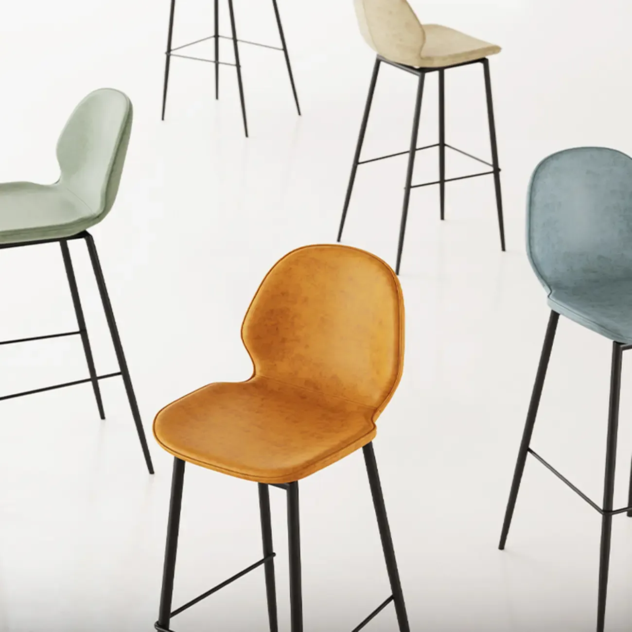 Saddle Leather Curved Back Kitchen Bar Stools with Footrest Image - 9