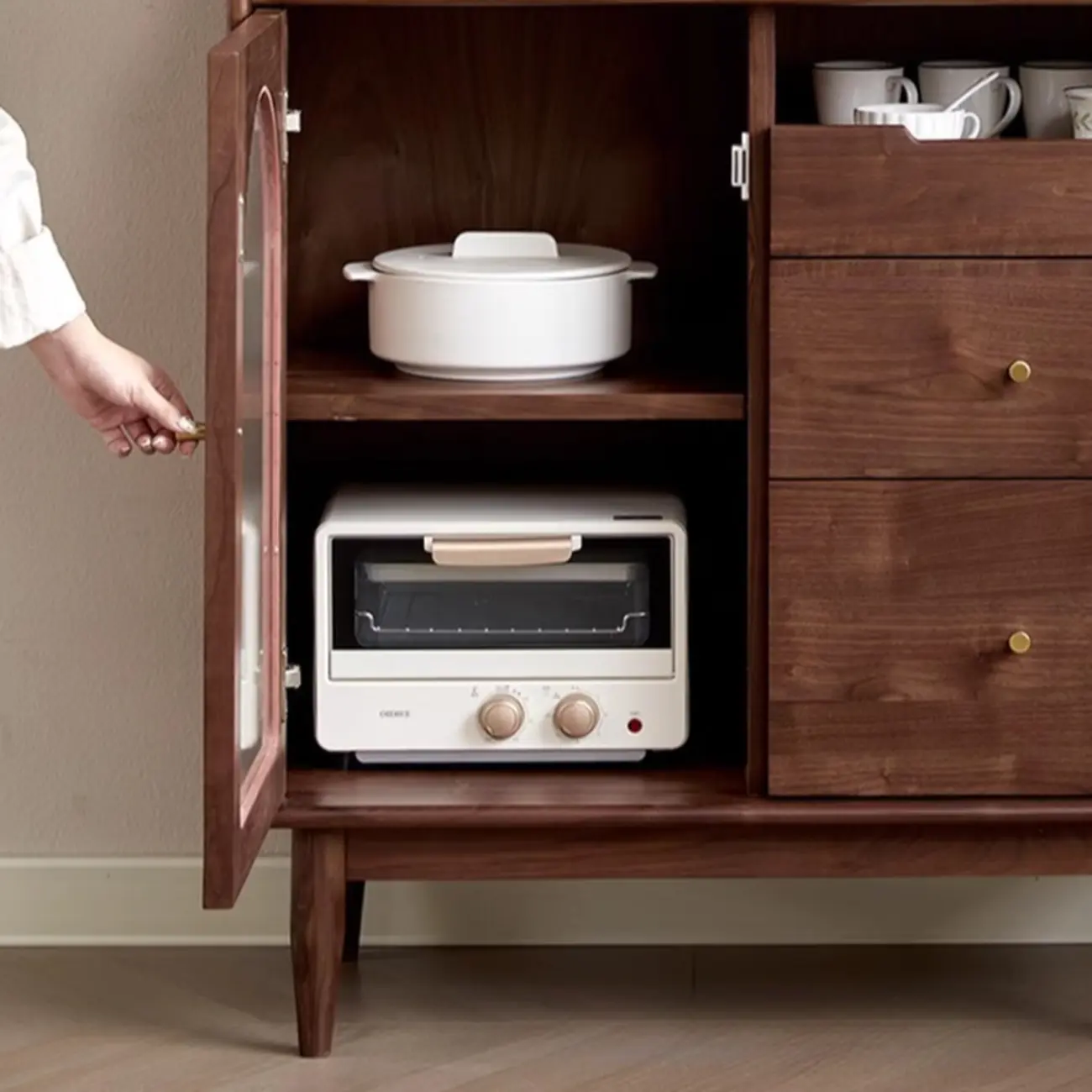 Lighting Brown Wooden Kitchen Buffet Cabinet with Hutch Image - 6 | homeyfad