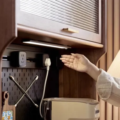 Lighting Brown Wooden Kitchen Buffet Cabinet with Hutch Image - 7