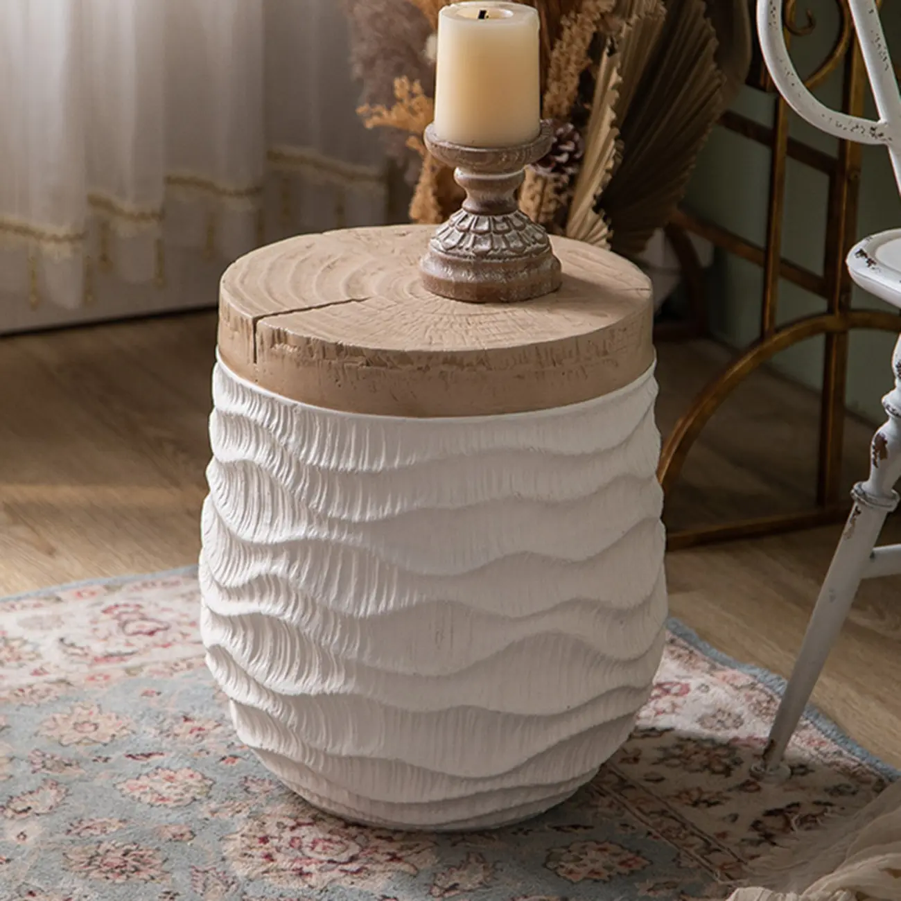 Elegant Drum Design White Wooden Side Table Image - 1 | homeyfad