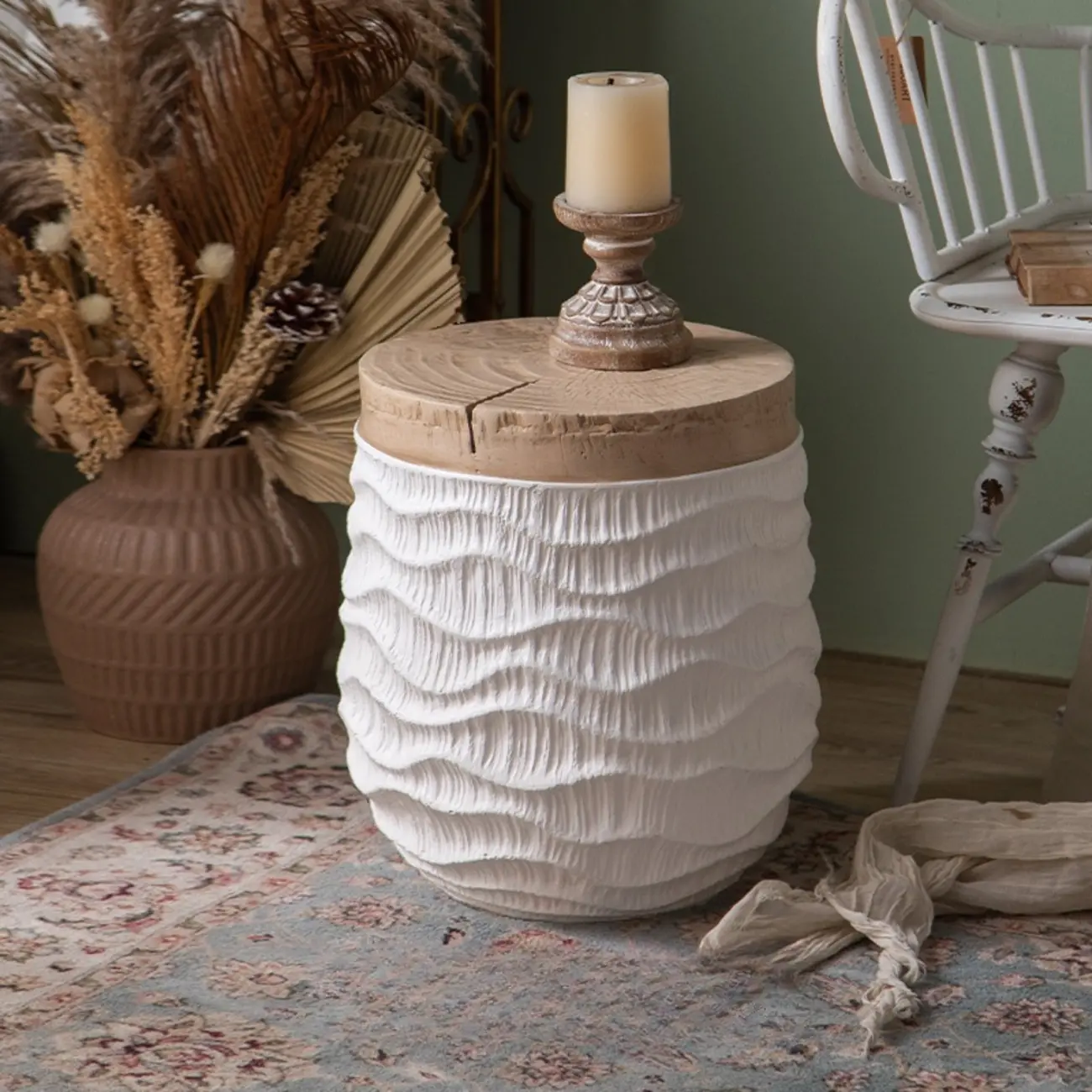 Elegant Drum Design White Wooden Side Table Image - 3 | homeyfad