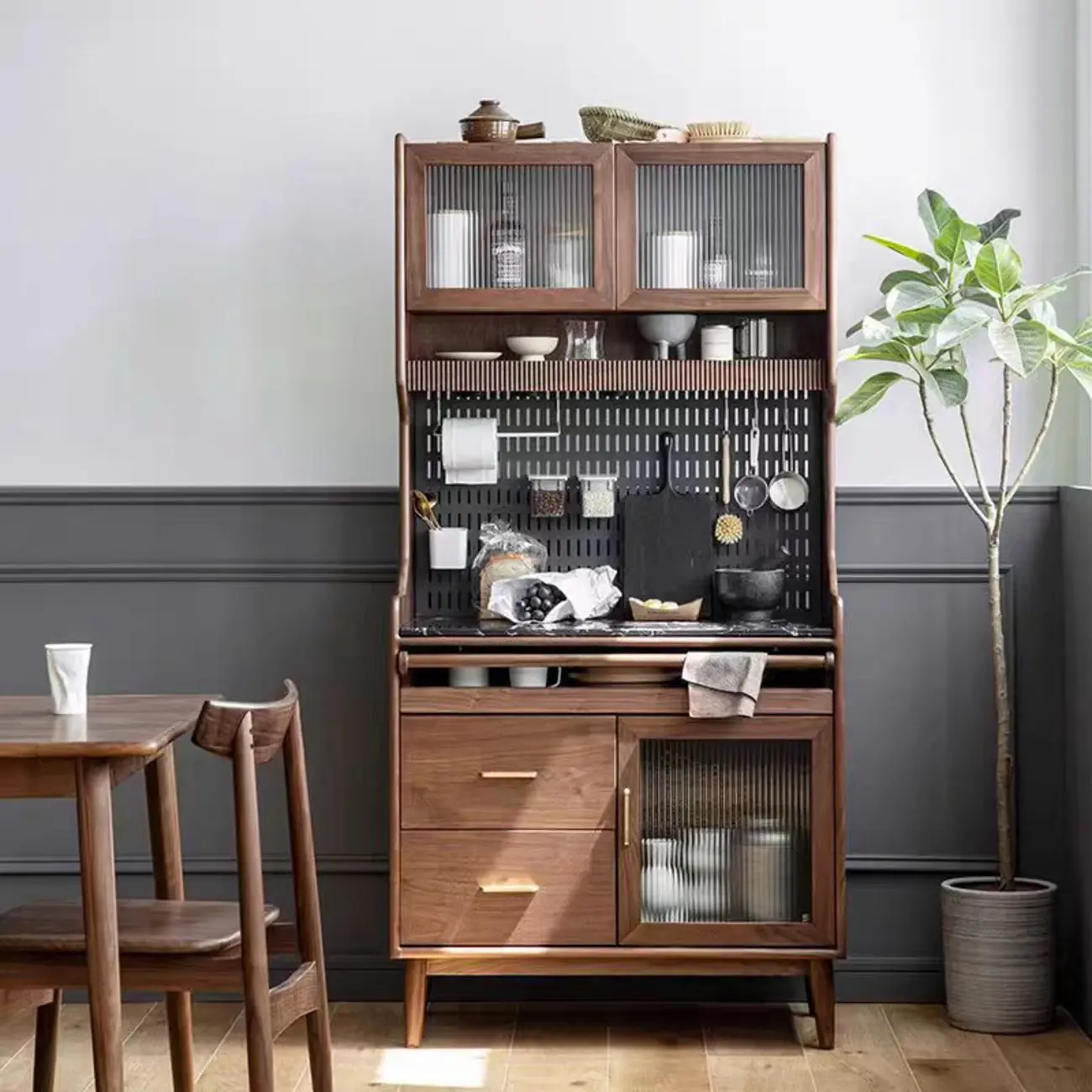Kitchen Brown Wooden Open Storage Sideboard with Hutch Image - 2 | homeyfad