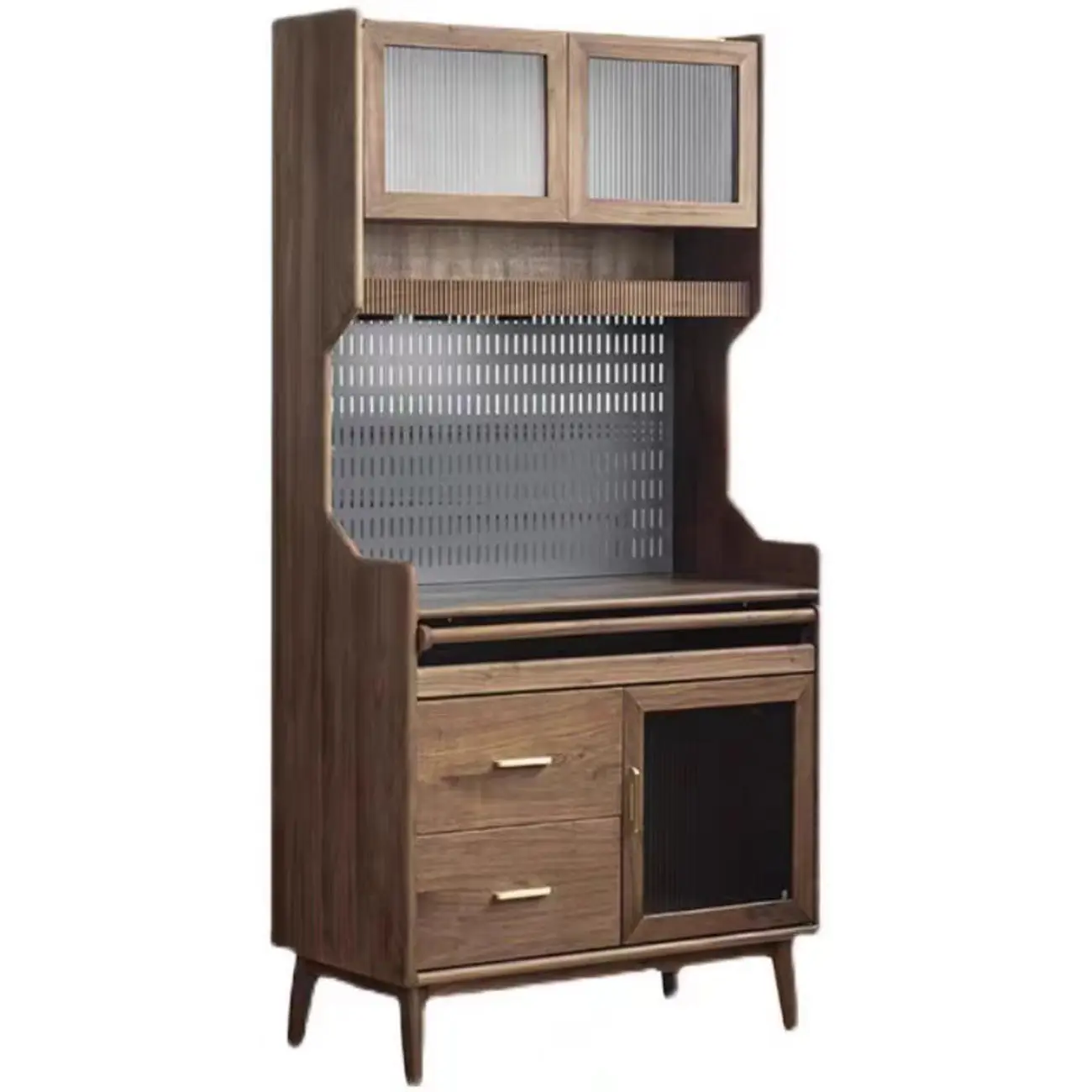 Kitchen Brown Wooden Open Storage Sideboard with Hutch Image - 9 | homeyfad