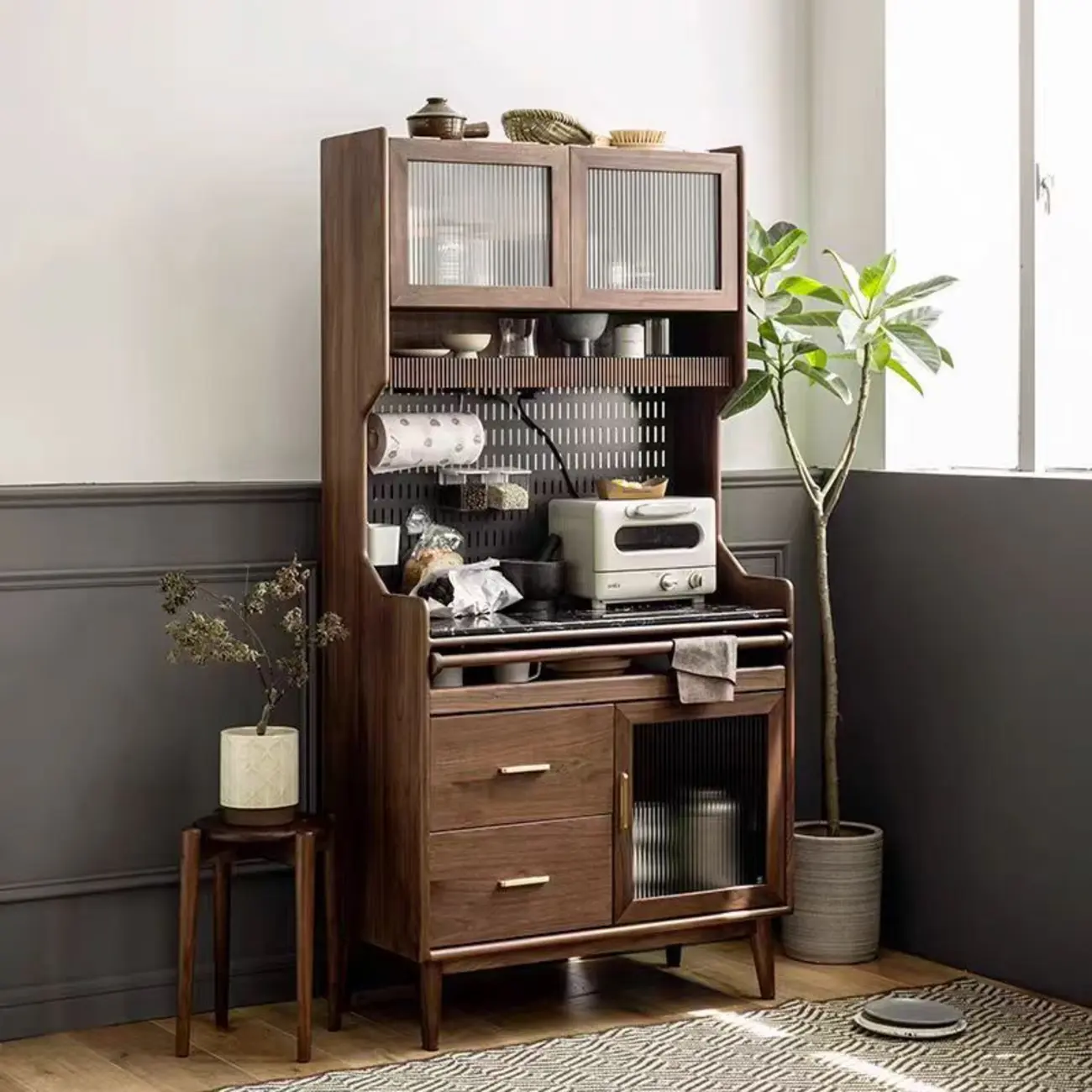 Kitchen Brown Wooden Open Storage Sideboard with Hutch Image - 1 | homeyfad