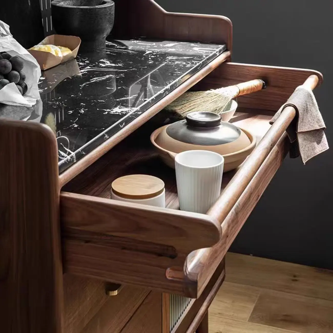 Kitchen Brown Wooden Open Storage Sideboard with Hutch Image - 3 | homeyfad