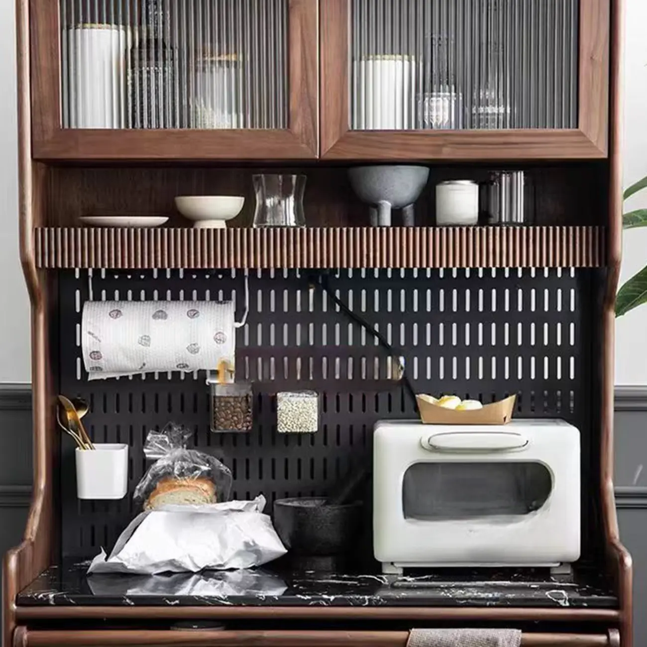 Kitchen Brown Wooden Open Storage Sideboard with Hutch Image - 5 | homeyfad