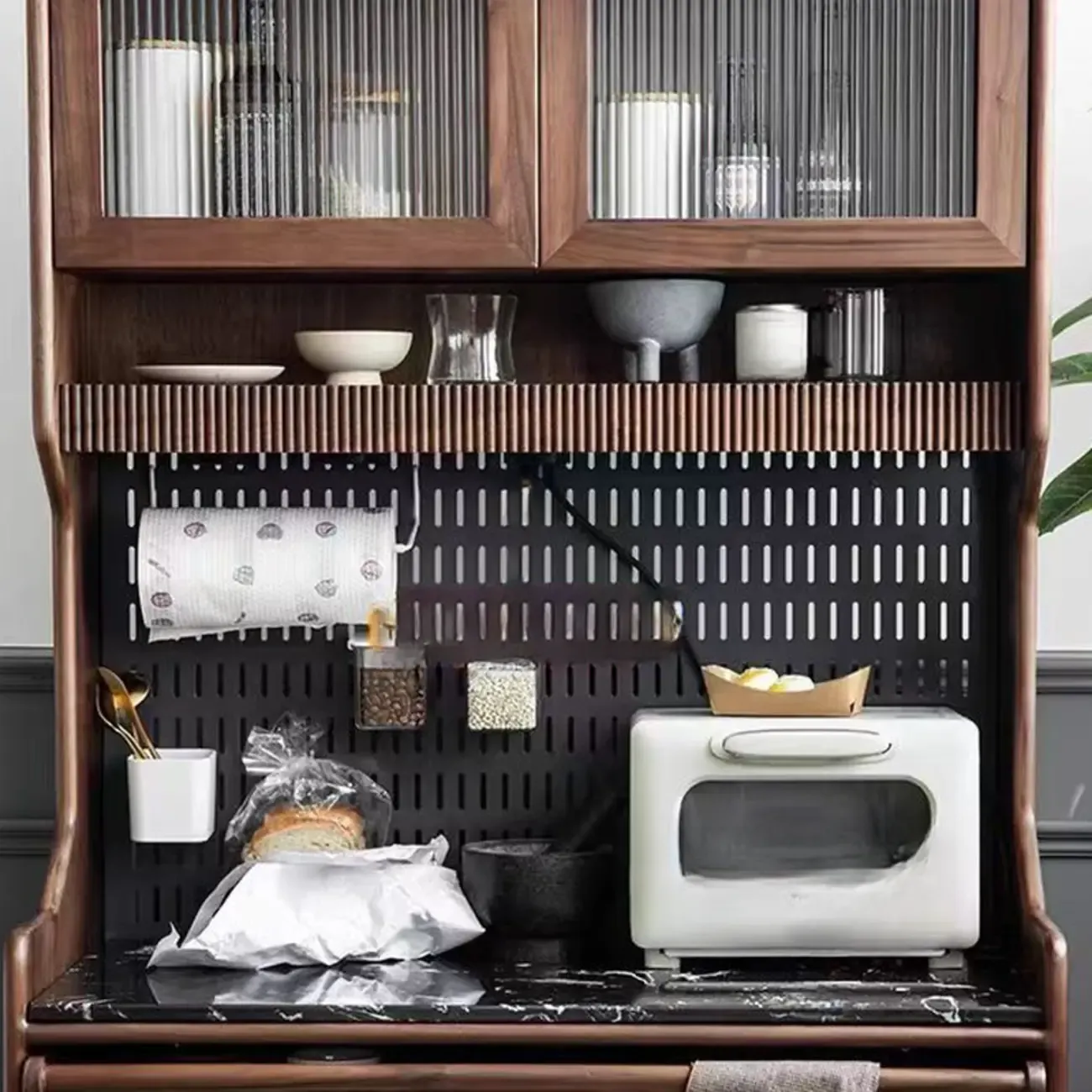 Kitchen Brown Wooden Open Storage Sideboard with Hutch Image - 5