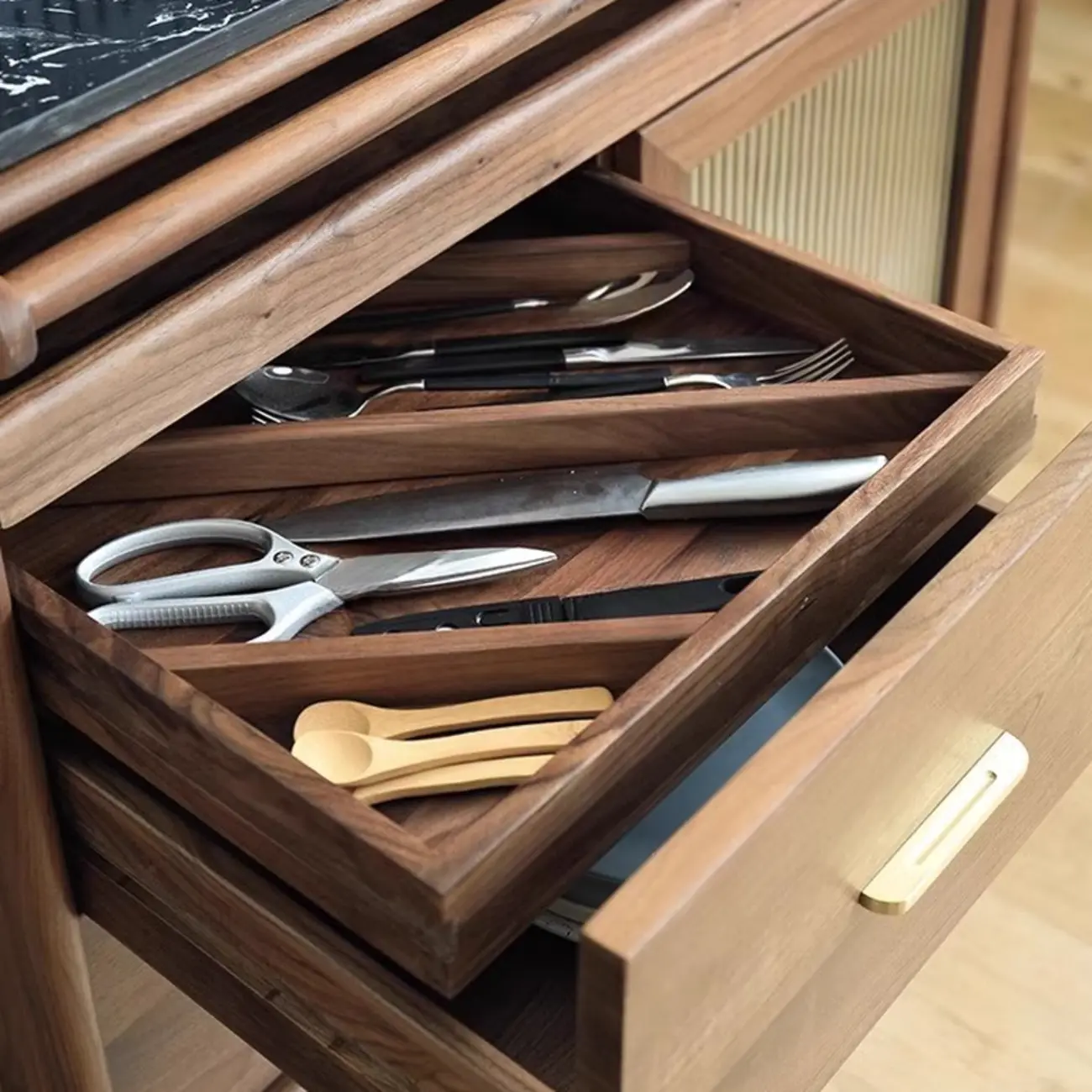Kitchen Brown Wooden Open Storage Sideboard with Hutch Image - 8 | homeyfad