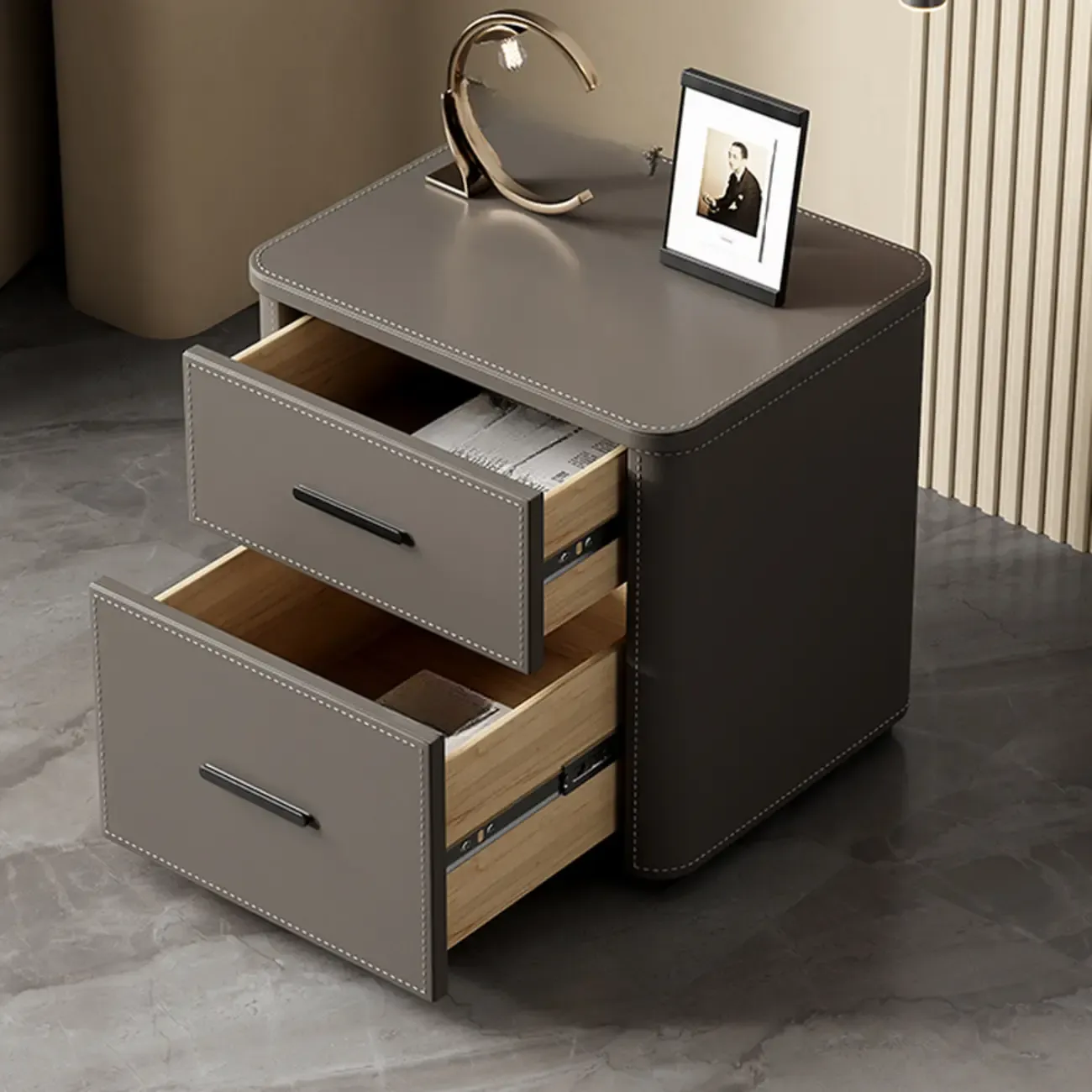 Modern Pine Wood Top 2 Drawers Nightstand Image - 4