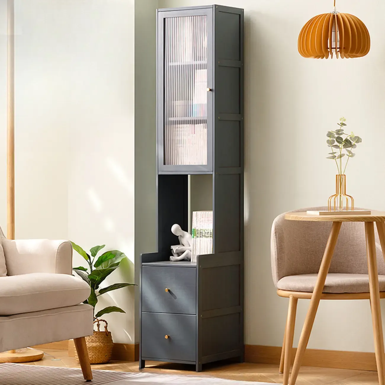 Grey Shelf Organizer with 2 Drawers and Synthetic Door Image - 3