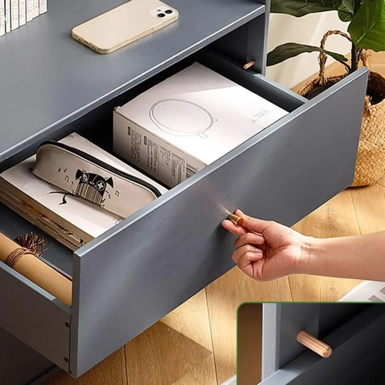 Grey Shelf Organizer with 2 Drawers and Synthetic Door Image - 2