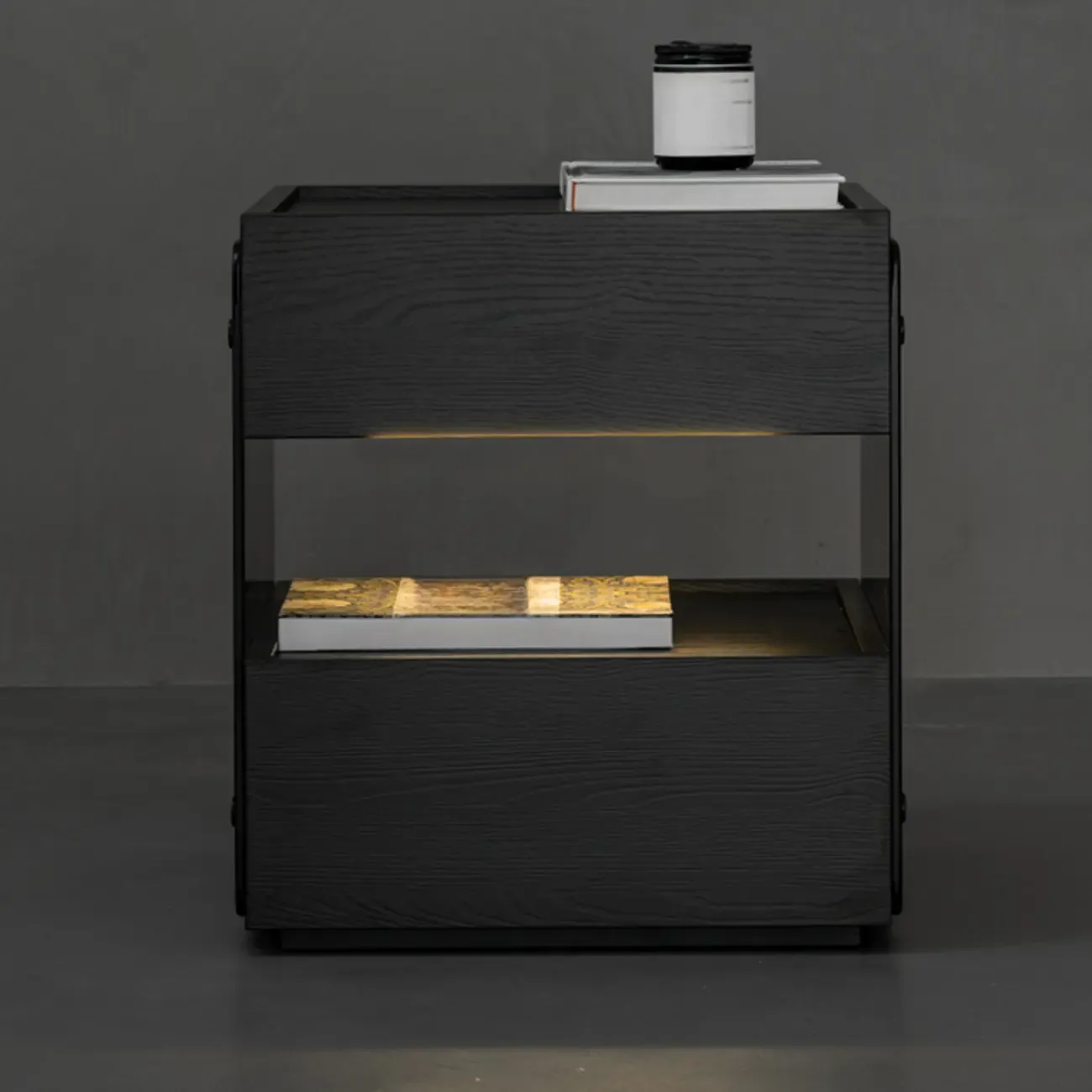 Modern Pine Wood 2 Drawer Nightstand with Lighting Image - 4