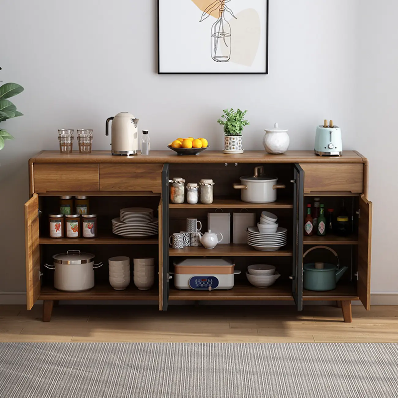 Brown Wooden 3-Drawer Sliding Door Buffet Cabinet Image - 3 | homeyfad