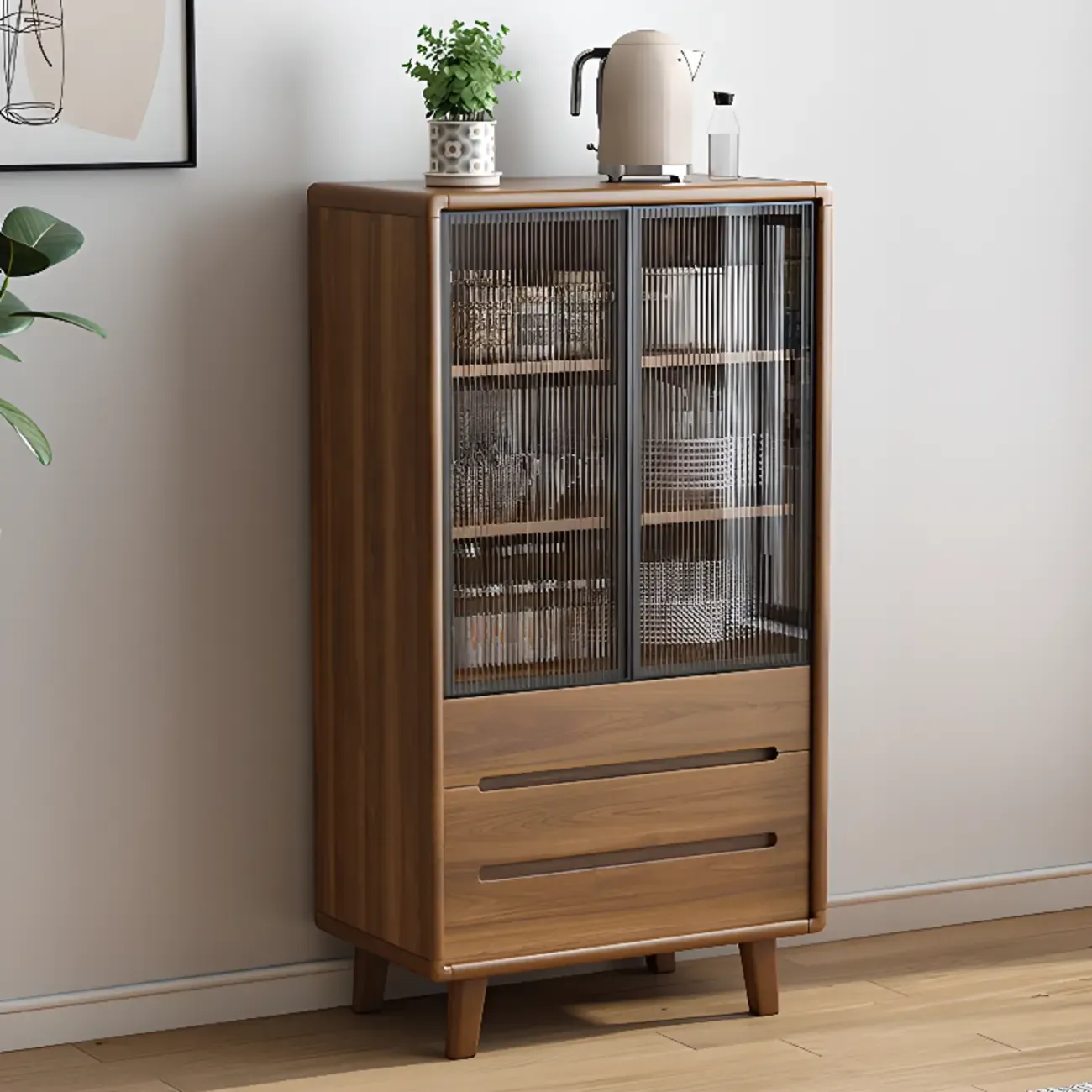 Brown Wooden 3-Drawer Sliding Door Buffet Cabinet Image - 5