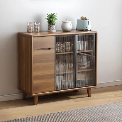 Brown Wooden 3-Drawer Sliding Door Buffet Cabinet Image - 2