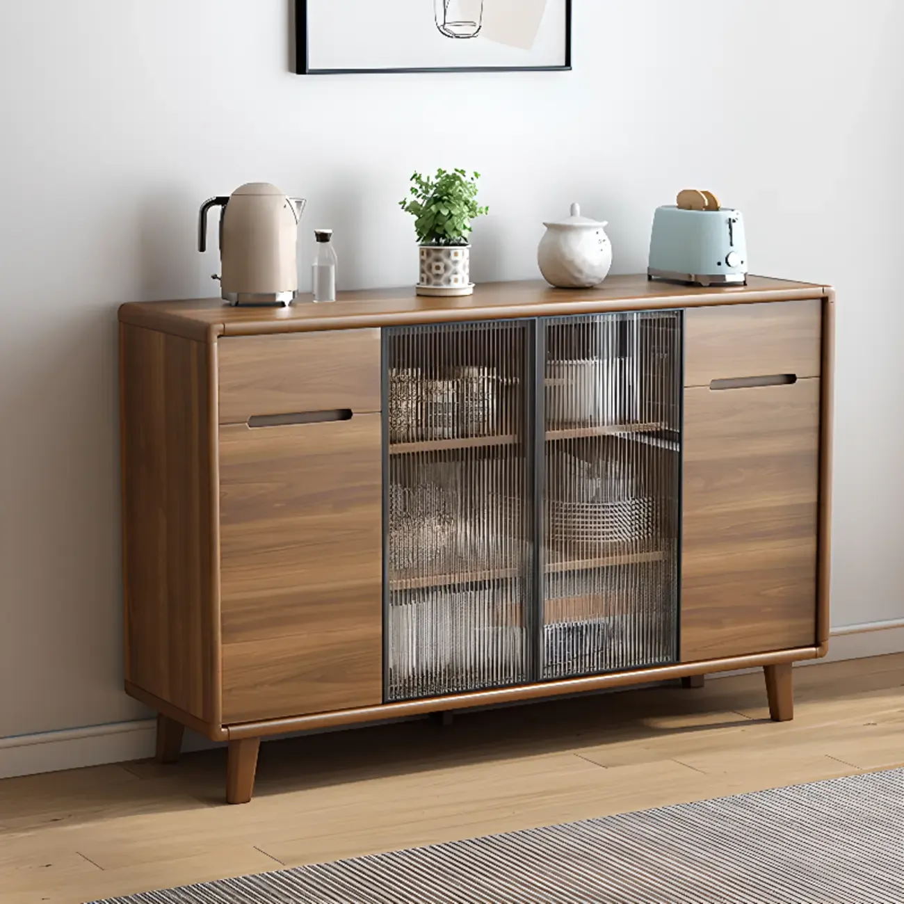 Brown Wooden 3-Drawer Sliding Door Buffet Cabinet Image - 9