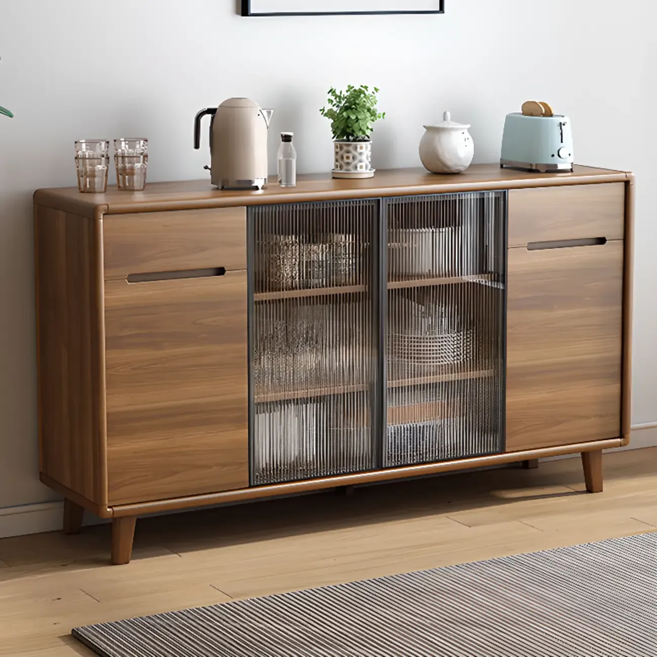 Brown Wooden 3-Drawer Sliding Door Buffet Cabinet Image - 10