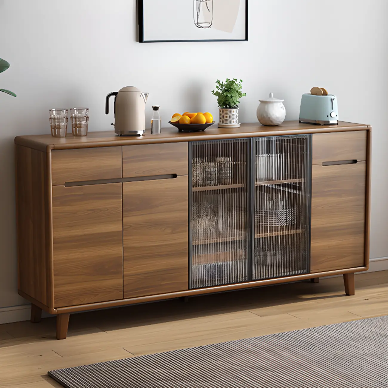 Brown Wooden 3-Drawer Sliding Door Buffet Cabinet Image - 11 | homeyfad