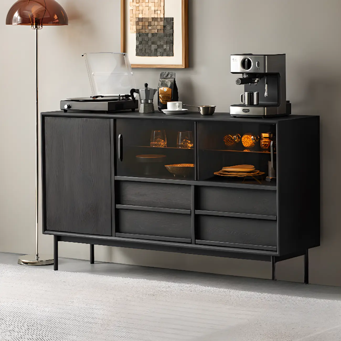 Lighting Black Wooden 4-Drawer Storage Buffet Cabinet Image - 1 | homeyfad