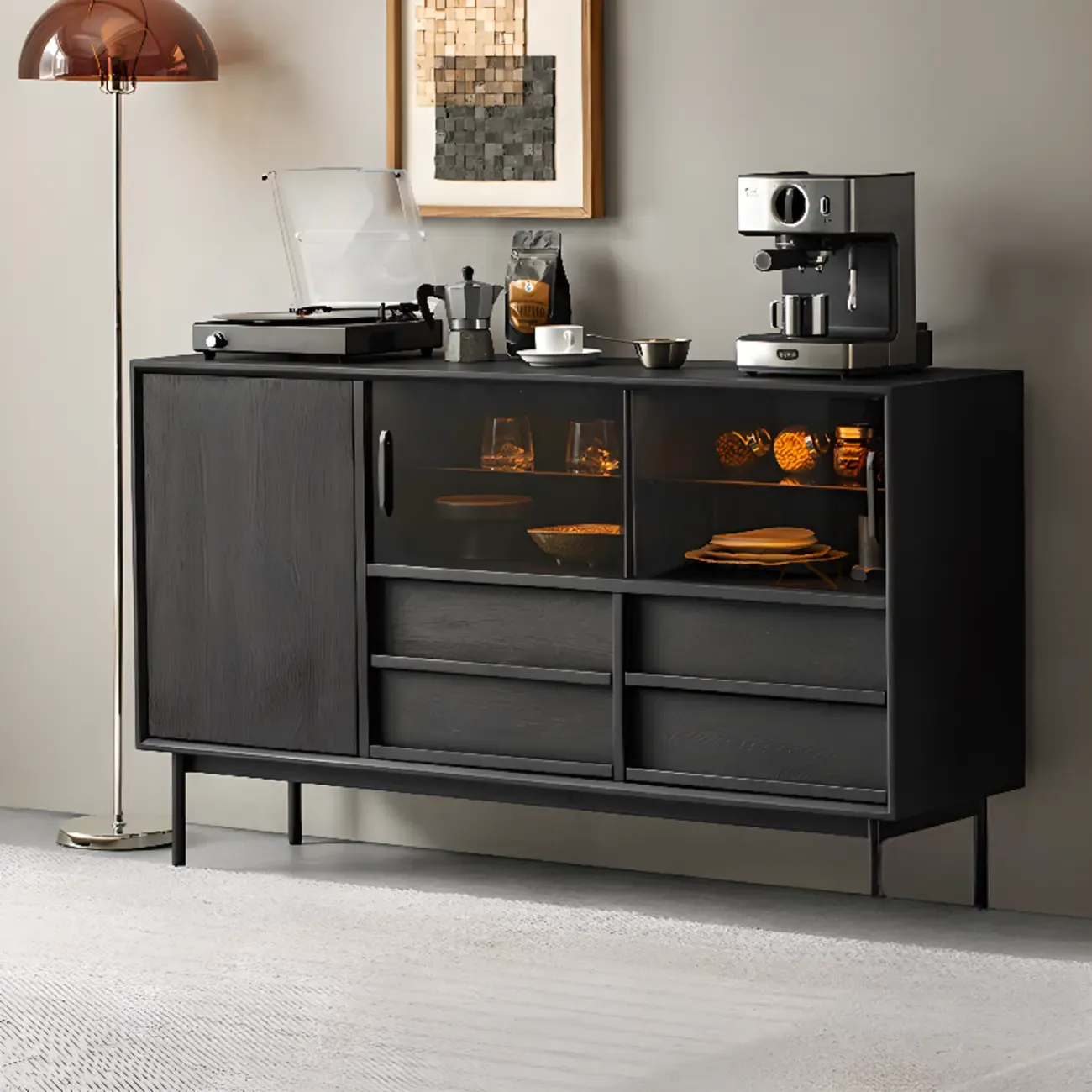 Lighting Black Wooden 4-Drawer Storage Buffet Cabinet Image - 1