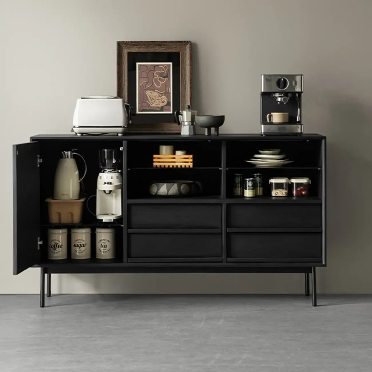 Lighting Black Wooden 4-Drawer Storage Buffet Cabinet Image - 4