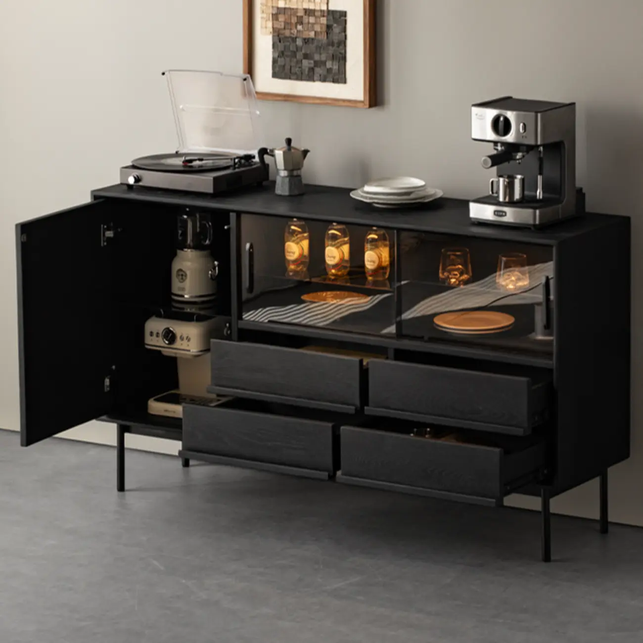 Lighting Black Wooden 4-Drawer Storage Buffet Cabinet Image - 2 | homeyfad