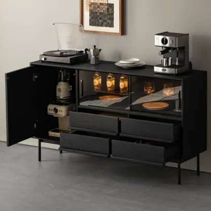 Lighting Black Wooden 4-Drawer Storage Buffet Cabinet Image - 2