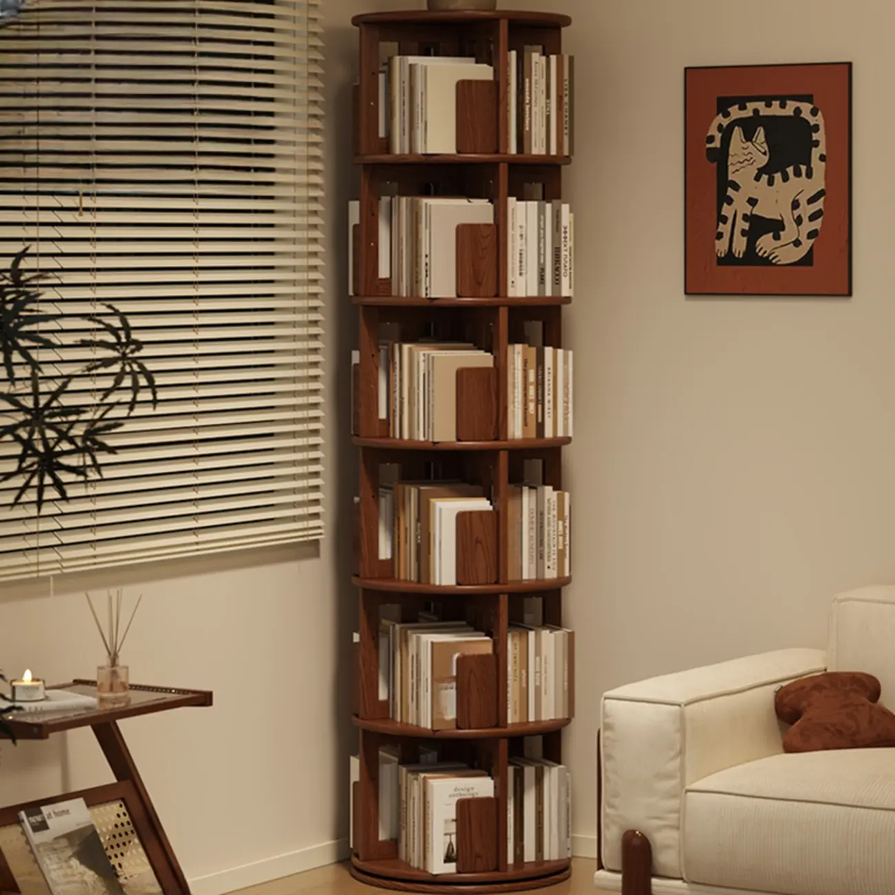 Narrow Vertical Adjustable 360° Rotating Wooden Bookcase Image - 1 | homeyfad