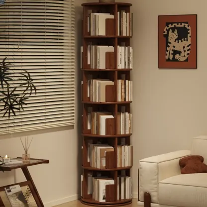 Narrow Vertical Adjustable 360° Rotating Wooden Bookcase Image - 1