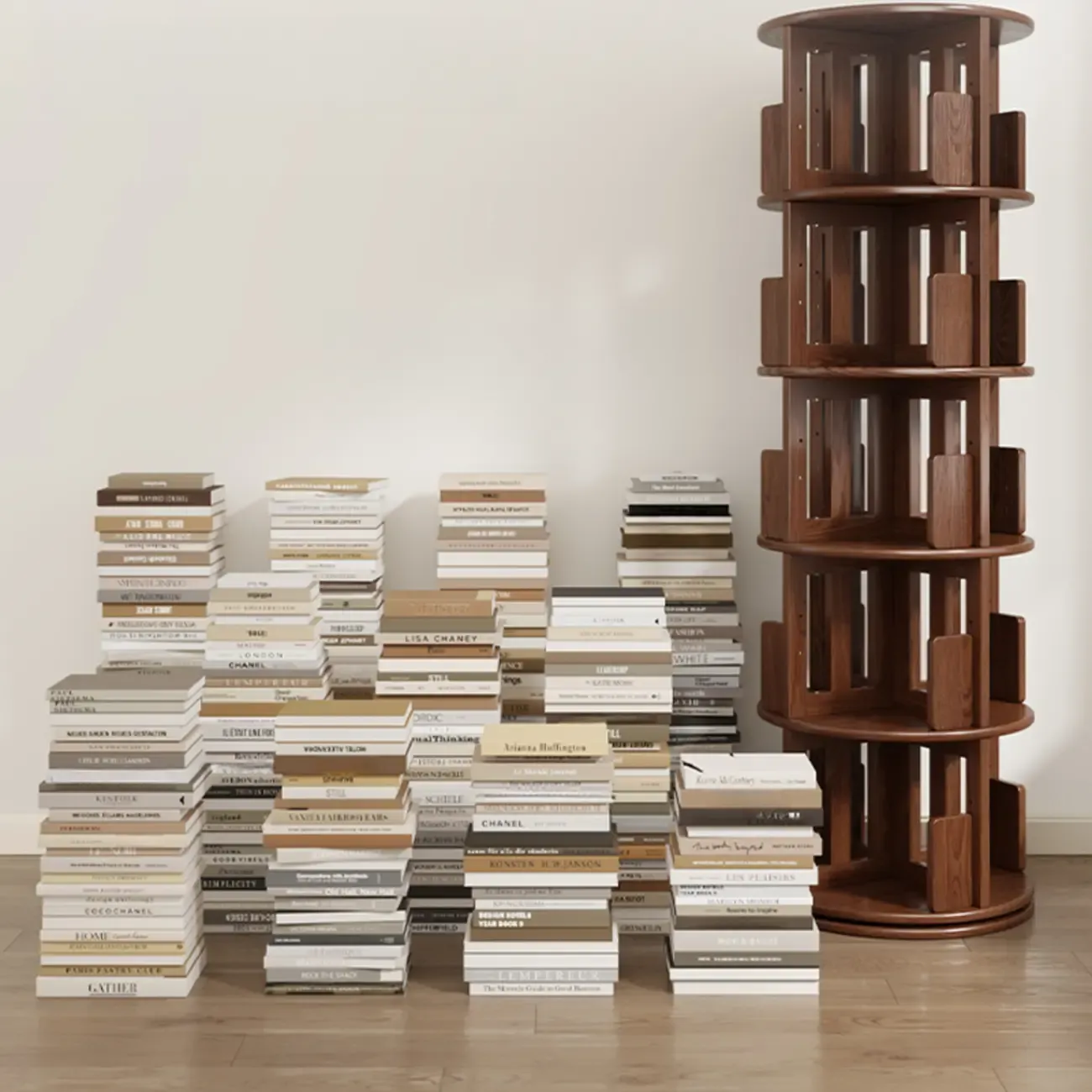 Narrow Vertical Adjustable 360° Rotating Wooden Bookcase Image - 2