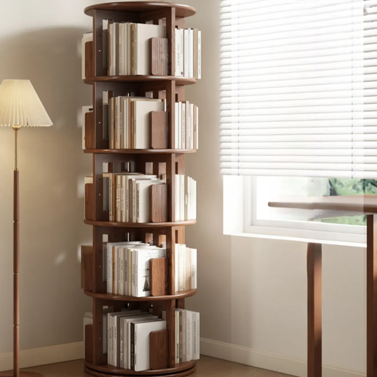 Narrow Vertical Adjustable 360° Rotating Wooden Bookcase Image - 7 | homeyfad