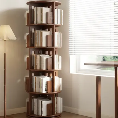 Narrow Vertical Adjustable 360° Rotating Wooden Bookcase Image - 7