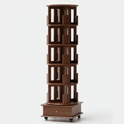 Narrow Vertical Adjustable 360° Rotating Wooden Bookcase Image - 22