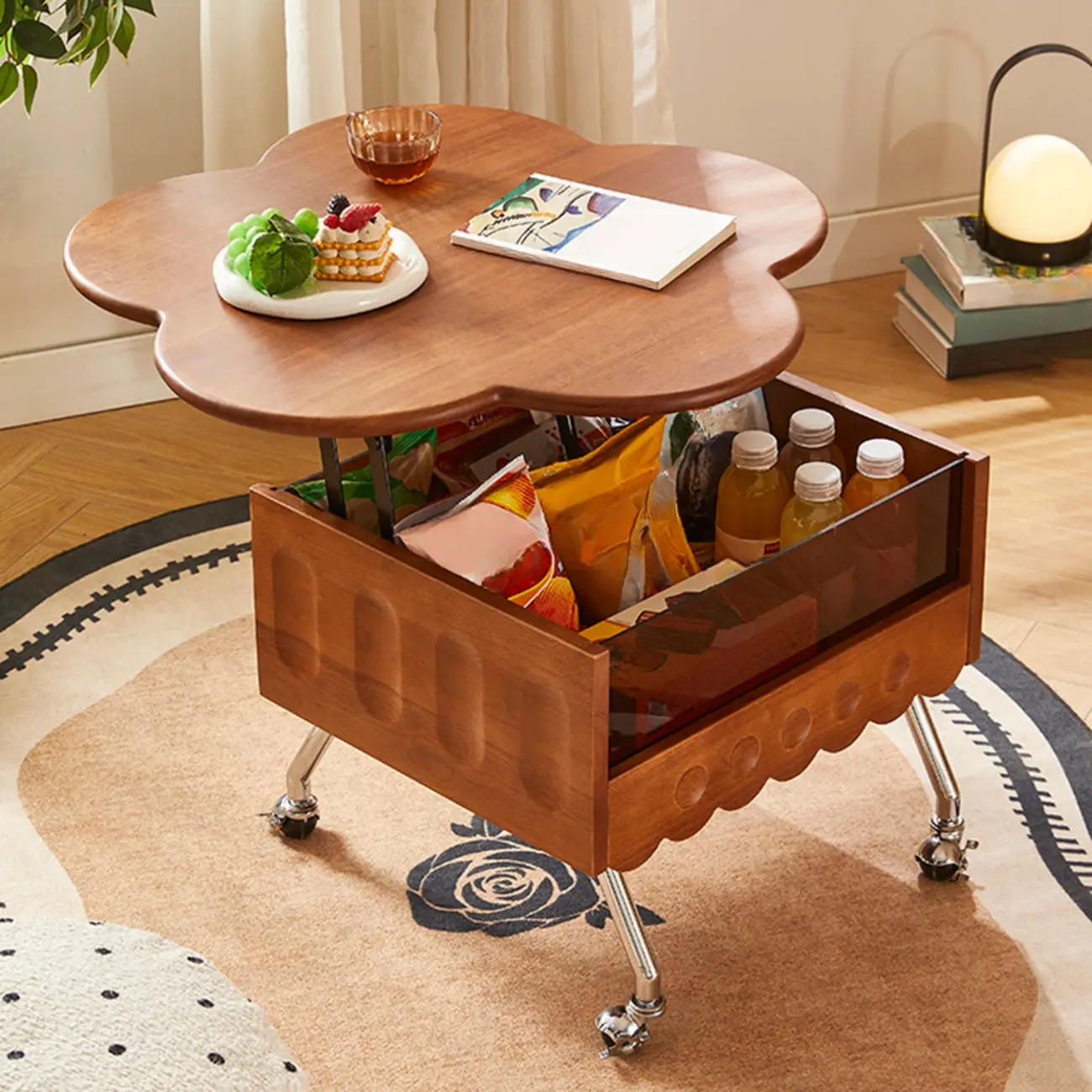  360° Rolling Flower-Shaped Wooden Lift-Top Coffee Table Image - 9 | homeyfad