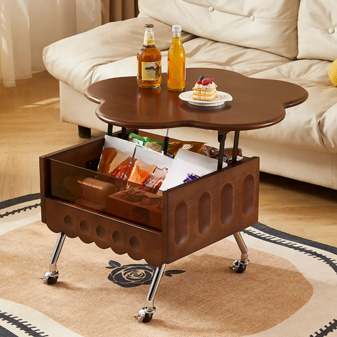  360° Rolling Flower-Shaped Wooden Lift-Top Coffee Table Image - 10 | homeyfad