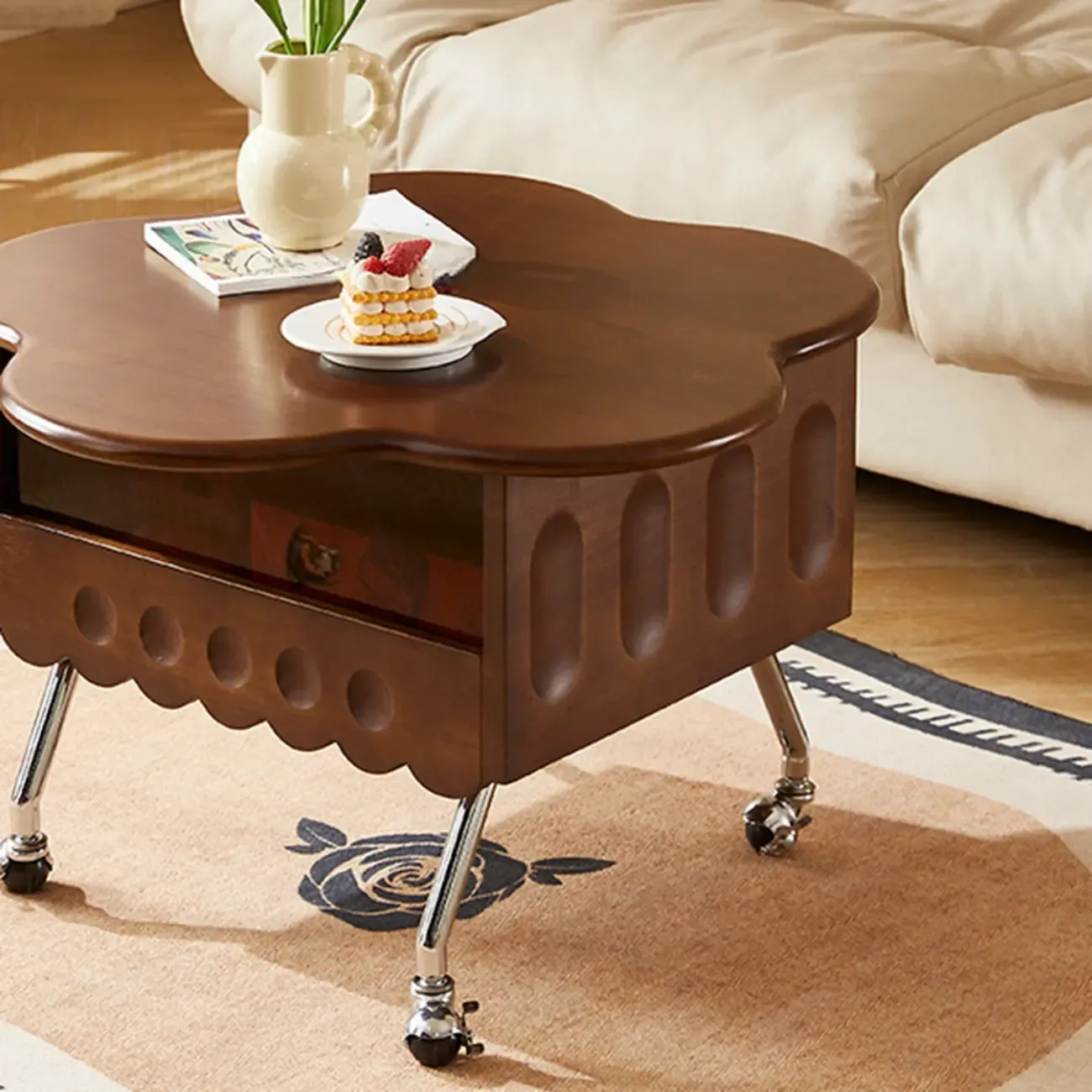  360° Rolling Flower-Shaped Wooden Lift-Top Coffee Table Image - 14