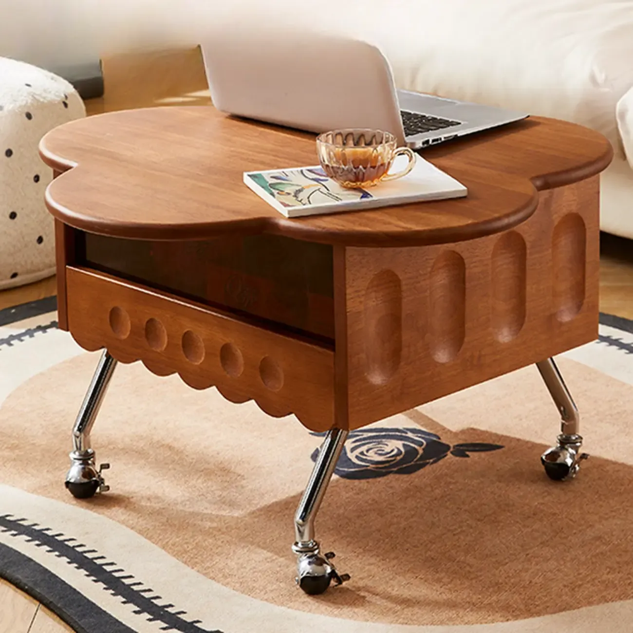  360° Rolling Flower-Shaped Wooden Lift-Top Coffee Table Image - 16