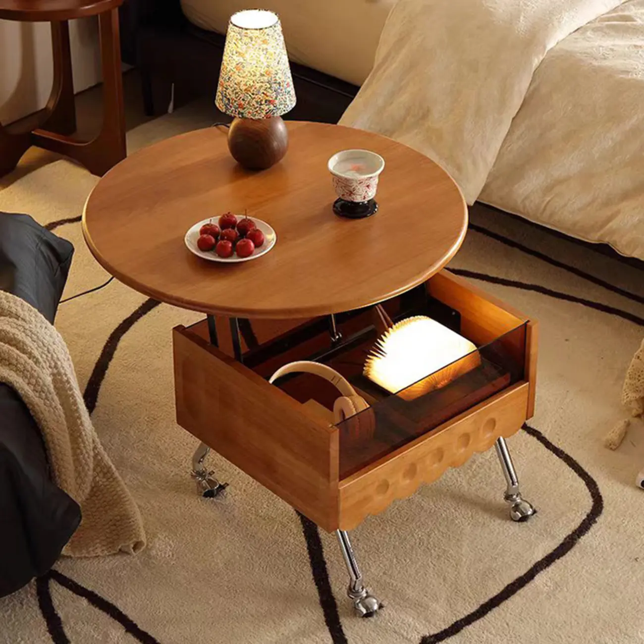  360° Rolling Flower-Shaped Wooden Lift-Top Coffee Table Image - 1 | homeyfad